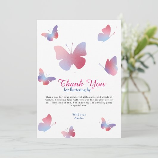ピンクエレガントブルーバタフライ誕生日 サンキューカード (スタンド正面)