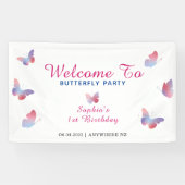 ピンクエレガントブルーバタフライ誕生日 横断幕 (横)