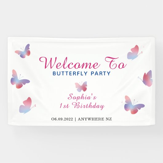 ピンクエレガントブルーバタフライ誕生日 横断幕 (横)