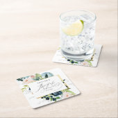 ピンクエレガントブルーバラ水彩ブライダルシャワー スクエアペーパーコースター (インサイチュ)