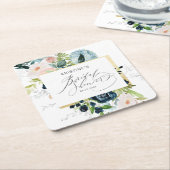 ピンクエレガントブルーバラ水彩ブライダルシャワー スクエアペーパーコースター (アングル)