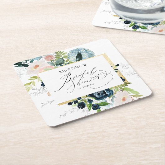 ピンクエレガントブルーバラ水彩ブライダルシャワー スクエアペーパーコースター (アングル)