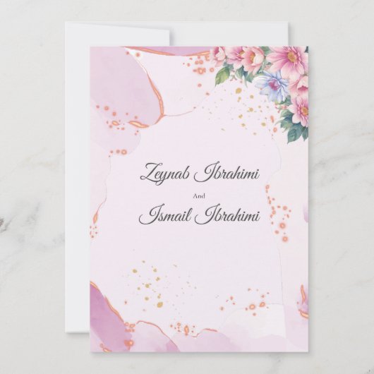 ピンクエレガントブルーフローライスラム結婚教徒 招待状 (裏面)