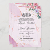 ピンクエレガントブルーフローライスラム結婚教徒 招待状 (正面/裏面)