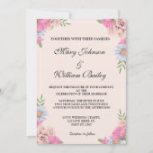 ピンクエレガントブルーフローラウエディングフラワーカスタムズ 招待状 (正面)