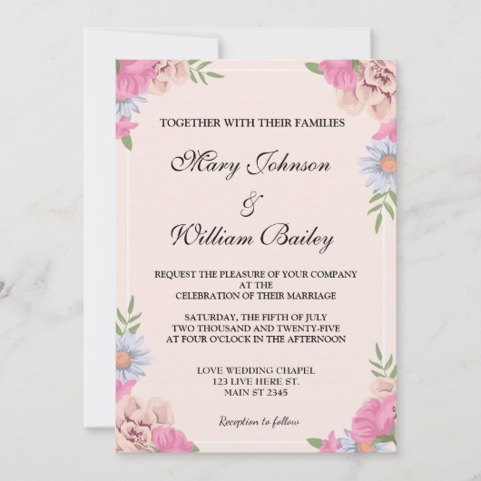 ピンクエレガントブルーフローラウエディングフラワーカスタムズ 招待状 (正面)