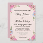 ピンクエレガントブルーフローラウエディングフラワーカスタムズ 招待状 (正面/裏面)