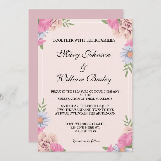 ピンクエレガントブルーフローラウエディングフラワーカスタムズ 招待状 (正面/裏面)