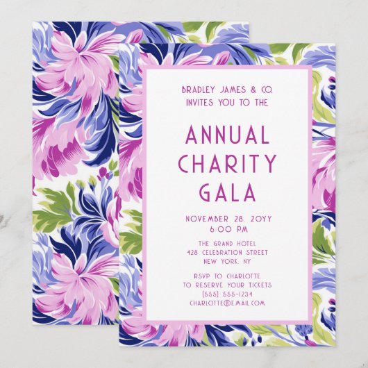 ピンクエレガントブルーフローラチャリティーイベントガラパーティー 招待状 (正面/裏面)