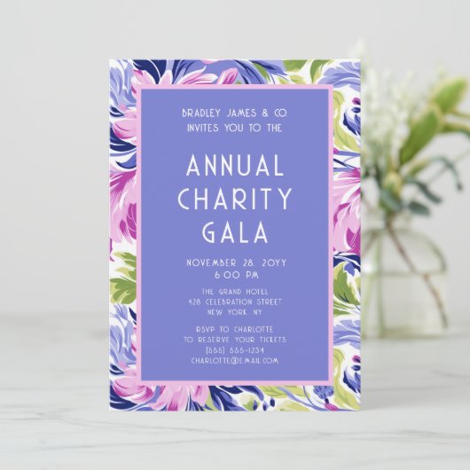 ピンクエレガントブルーフローラチャリティーイベントガラパーティー 招待状 (スタンド正面)