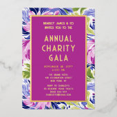 ピンクエレガントブルーフローラチャリティーイベントガラパーティー 箔招待状 (正面)