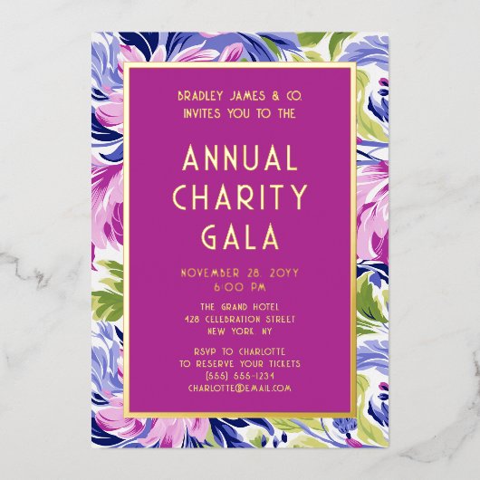 ピンクエレガントブルーフローラチャリティーイベントガラパーティー 箔招待状 (正面)