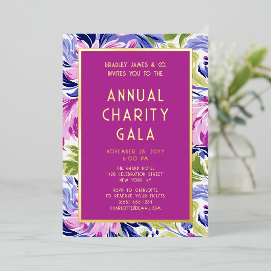 ピンクエレガントブルーフローラチャリティーイベントガラパーティー 箔招待状 (立ち正面)