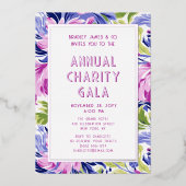 ピンクエレガントブルーフローラチャリティーイベントガラパーティー 箔招待状 (正面)