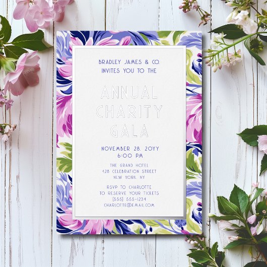 ピンクエレガントブルーフローラチャリティーイベントガラパーティー 箔招待状