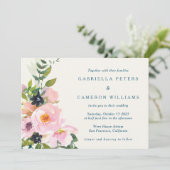 ピンクエレガントブルーフローラ水モダン色結婚の 招待状 (スタンド正面)