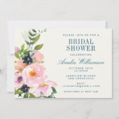 ピンクエレガントブルーフローラ水彩ブライダルシャワー 招待状 (正面)
