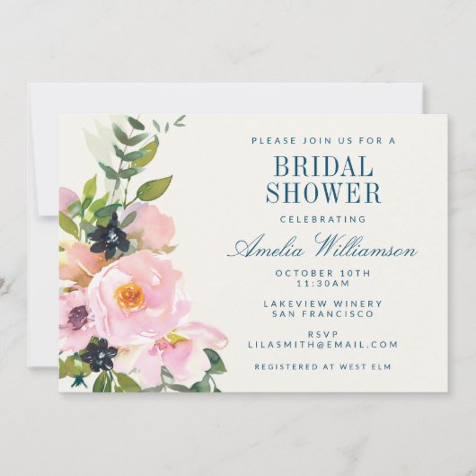ピンクエレガントブルーフローラ水彩ブライダルシャワー 招待状 (正面)