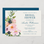 ピンクエレガントブルーフローラ水彩ブライダルシャワー 招待状 (正面/裏面)
