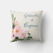 ピンクエレガントブルーフローラ水色パーソナライズされた クッション (裏面)