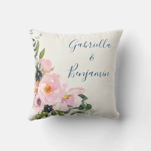 ピンクエレガントブルーフローラ水色パーソナライズされた クッション (裏面)