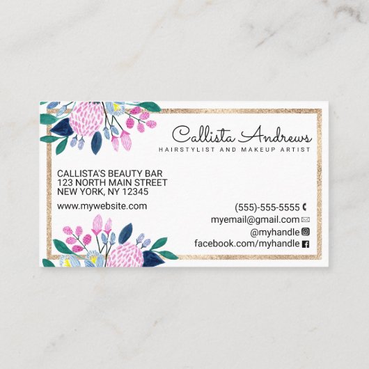 ピンクエレガントブルーフローラ縁ど金ゴールド水色 名刺 (裏面)