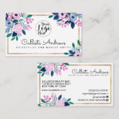 ピンクエレガントブルーフローラ縁ど金ゴールド水色 名刺 (正面/裏面)