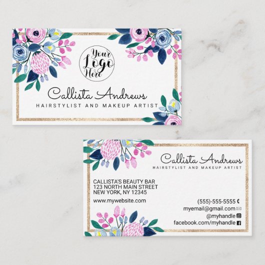 ピンクエレガントブルーフローラ縁ど金ゴールド水色 名刺 (正面/裏面)