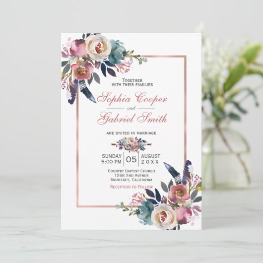 ピンクエレガントブルーフローラ |バラ金ゴールドフレ結婚ーム 招待状 (スタンド正面)