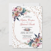 ピンクエレガントブルーフローラ |金ゴールドフレ結婚ーム 招待状 (正面)