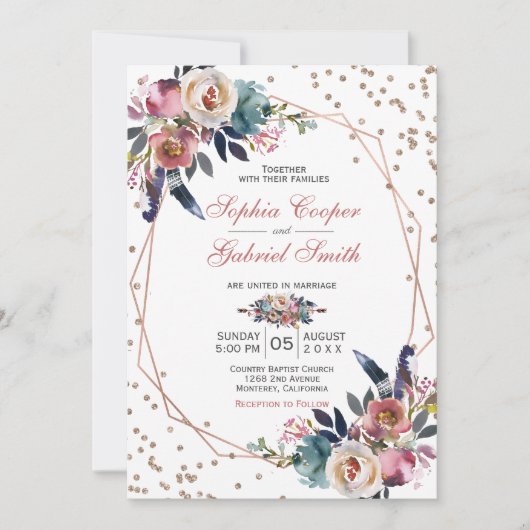 ピンクエレガントブルーフローラ |金ゴールドフレ結婚ーム 招待状 (正面)