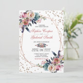 ピンクエレガントブルーフローラ |金ゴールドフレ結婚ーム 招待状 (スタンド正面)