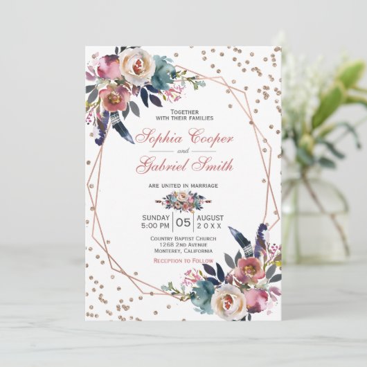 ピンクエレガントブルーフローラ |金ゴールドフレ結婚ーム 招待状 (スタンド正面)