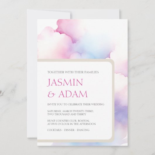 ピンクエレガントブルーホワイトクラウドモノグラム結婚ズ シーズンカード (正面)