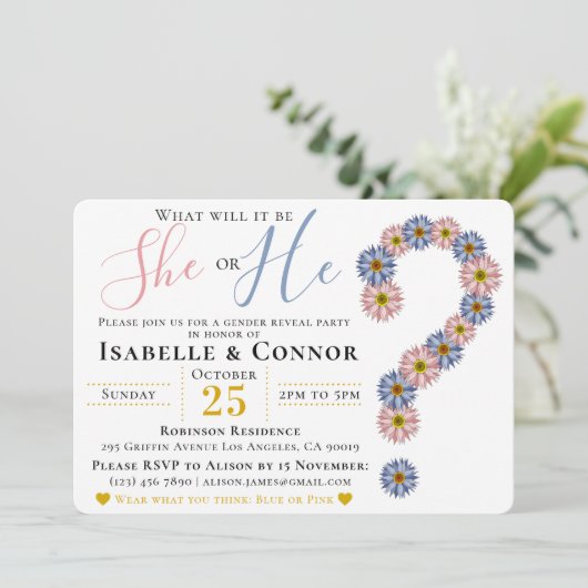 ピンクエレガントブルー彼または彼女のフローラ性が明かす 招待状 (スタンド正面)