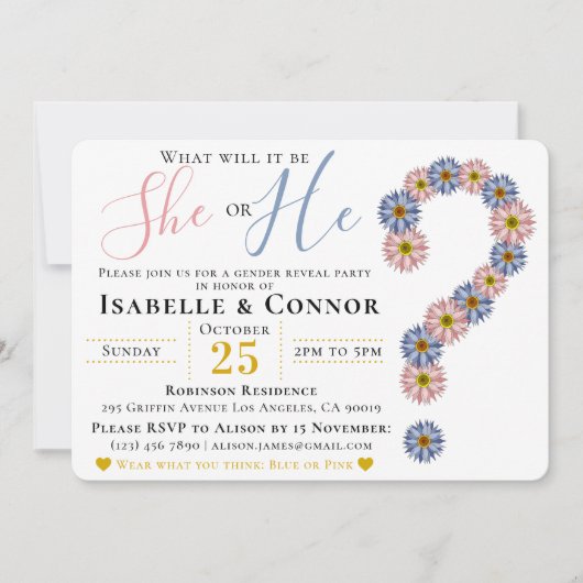 ピンクエレガントブルー彼または彼女のフローラ性が明かす 招待状 (正面)