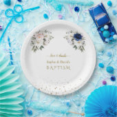 ピンクエレガントブルー白い花ツインズバプテスマ ペーパープレート (パーティー)