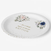 ピンクエレガントブルー白い花ツインズバプテスマ ペーパープレート (アングル)