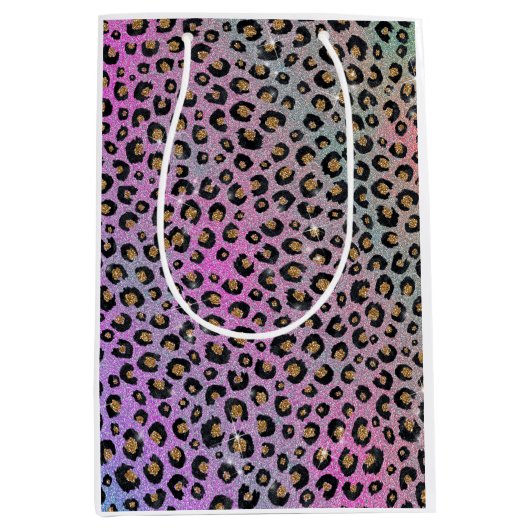 ピンクエレガントブルー金ゴールドグリッターブラックレオパード印刷 ミディアムペーパーバッグ (正面)