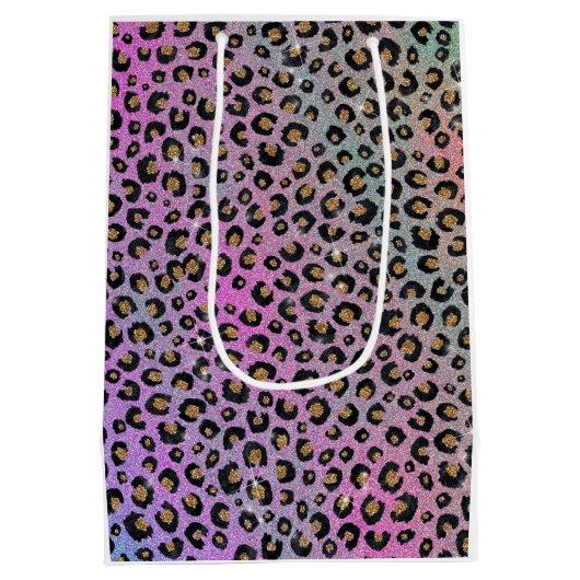 ピンクエレガントブルー金ゴールドグリッターブラックレオパード印刷 ミディアムペーパーバッグ (裏面)