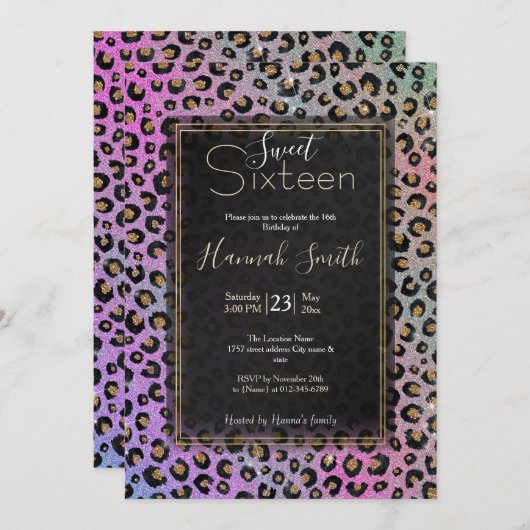 ピンクエレガントブルー金ゴールドグリッターブラックレオパード印刷 招待状 (正面/裏面)