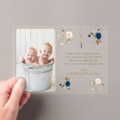 ピンクエレガントブルー金ゴールドフローラツインズ写真バプテスマ アクリル招待状 (インサイチュ (ポータブル))