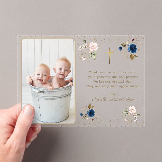 ピンクエレガントブルー金ゴールドフローラツインズ写真バプテスマ アクリル招待状 (インサイチュ (ポータブル))