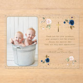 ピンクエレガントブルー金ゴールドフローラツインズ写真バプテスマ アクリル招待状 (正面)