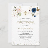 ピンクエレガントブルー金ゴールドフローラツインズ《キリスト教》洗礼式や命名式 招待状 (正面)