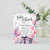 ピンクエレガントブルー風船スターカラーベビーシャワー インビテーションポストカード (スタンド正面)