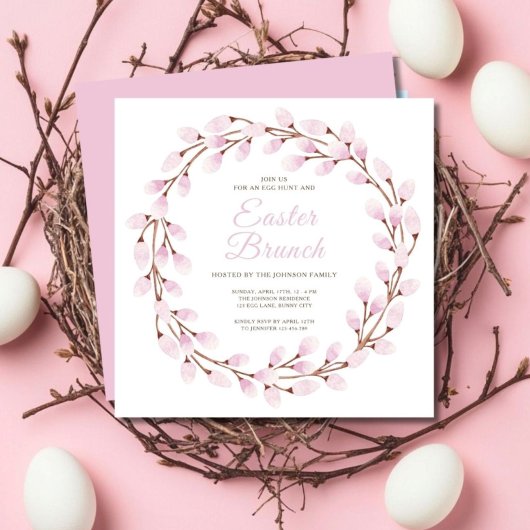 ピンクエレガントプッシウィローイースターブランチ 招待状