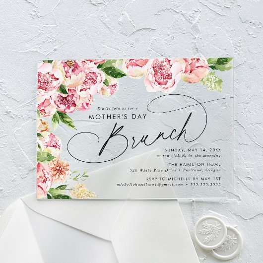 ピンクエレガントプニーズマザーズデイブランチ アクリル招待状