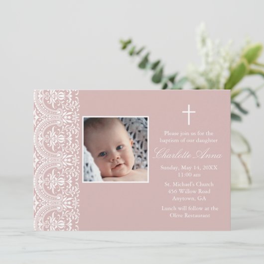 ピンクエレガントプラム&ホワイトダマスバプテスマ招待状 招待状 (スタンド正面)