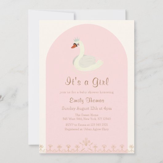 ピンクエレガントプリンセススワンアーチベビーシャワー 招待状 (正面)